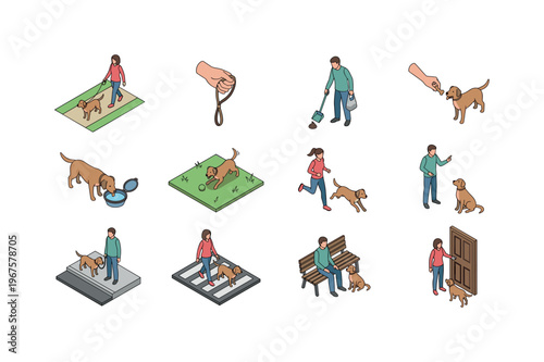 Dog walking activities including walking dog, holding leash, picking up waste, giving treat, drinking water, playing outside,