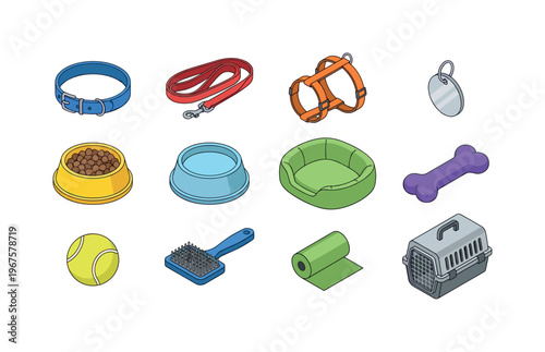 Dog accessories including collar, leash, harness, dog tag, food bowl, water bowl, dog bed, chew toy, ball toy, grooming brush,