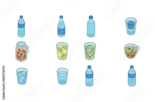 Types of drinking water including mineral water bottle, sparkling water bottle, still water bottle, filtered water glass, infused