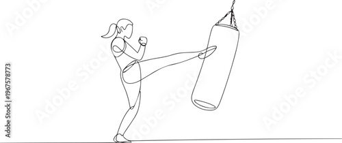 woman kickboxing a punching bag. Sport and fitness training. one line art icon drawing vector