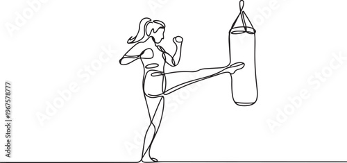 woman kickboxing a punching bag. Sport and fitness training. one line art icon drawing vector