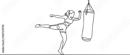 woman kickboxing a punching bag. Sport and fitness training. one line art icon drawing vector