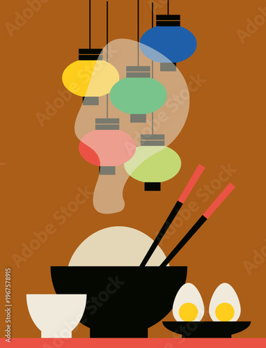 Rice Bowl with Chopsticks, Eggs and Hanging Lanterns on Brown Background