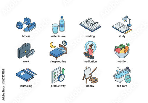 Habit categories including fitness habit, water intake habit, reading habit, study habit, work habit, sleep routine, meditation