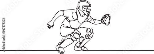 young agile professional baseball catcher player in action. Sport exercise concept. one line art icon drawing vector