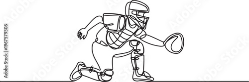 young agile professional baseball catcher player in action. Sport exercise concept. one line art icon drawing vector