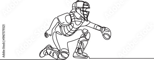 young agile professional baseball catcher player in action. Sport exercise concept. one line art icon drawing vector