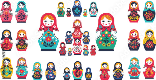 Set of Colorful Russian Matryoshka Dolls Vector Collection with Floral Patterns, Nested Designs, and Traditional Russian Folk Art Style