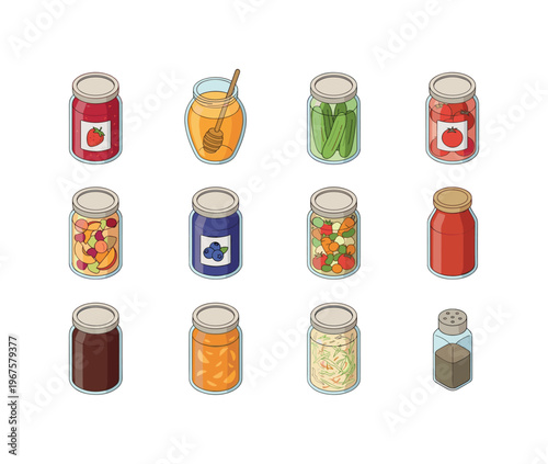 Homemade preserves and jars including jam jar, honey jar, pickles jar, canned tomatoes jar, fruit compote jar, berry jam jar,