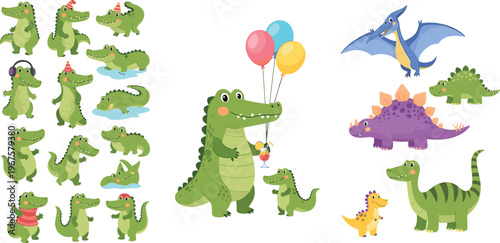 Cute Cartoon Crocodile and Dinosaur Characters Set with Balloons, Animals in Various Poses for Kids and Fun Designs