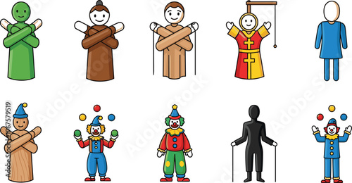 Set of Puppets and Clowns Illustrations in Various Styles for Circus, Entertainment, and Performance Themes