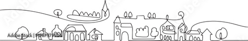 Town and buildings landscape model. Best holiday destination wall decor art. one line art icon drawing vector