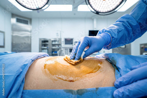 Surgeon Disinfecting Patient Skin Before Surgery, Close Up with Antiseptic Gauze in Operating Room, Clinical Healthcare Photography, Low Cuisine