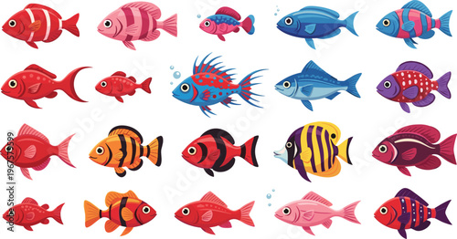 Set of Colorful Fish Illustrations with Various Species and Patterns for Marine Life, Aquarium, and Underwater Themes