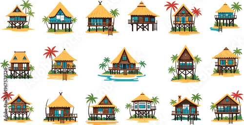 Set of Tropical Beach Hut Illustrations with Palm Trees and Beachfront Designs for Vacation, Resort, and Tropical Themes