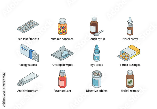 Medicines and treatments including pain relief tablets, vitamin capsules, cough syrup, nasal spray, allergy tablets, antiseptic