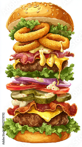 Giant Stacked Burger With Onion Rings Isolated On White For Fast Food Advertising