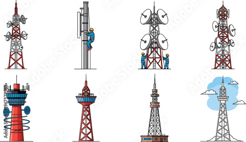 Set of Communication Tower Illustrations with Technicians, Antennas, and Signal Waves for Technology and Network Services