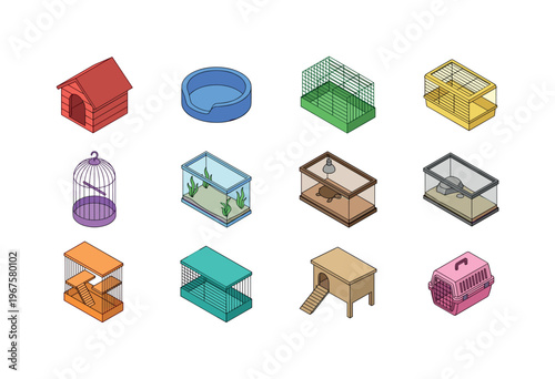 Pet habitats and homes including dog house, cat bed, rabbit cage, hamster cage, bird cage, fish aquarium, turtle terrarium,