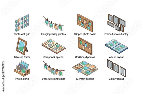 Photo display ideas including photo wall grid, hanging string photos, clipped photo board, framed photo display, tabletop frame,