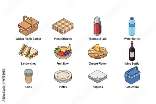 Picnic essentials on grass including picnic basket, blanket, thermos flask, water bottle, sandwiches, fruit bowl, cheese platter,