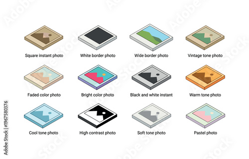 Polaroid photo styles including square instant photo, white border photo, wide border photo, vintage tone photo, faded color photo