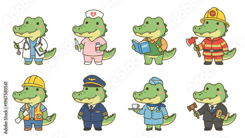 Set of funny cartoon animals featuring a cute crocodile, character collection in a vector illustration Animal in Uniform, Doctor, Nurse, Firefighter, Air Hostess, Flight Captain, Teacher, Engineer