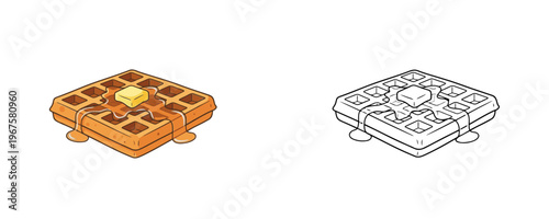 Cartoon waffle with syrup and butter illustration in colored and black line art styles orange and yellow tones sweet breakfast dessert for menu design isolated on white background
