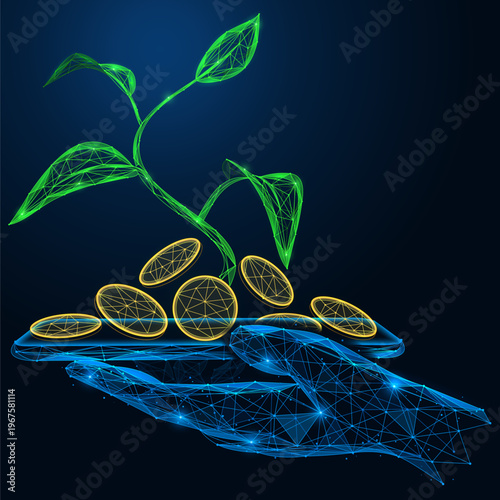 The growth of digital wealth. The hand holds a smartphone, on the screen of which coins with a sprouting sprout are scattered. The concept of profitability, long-term investments and money management.