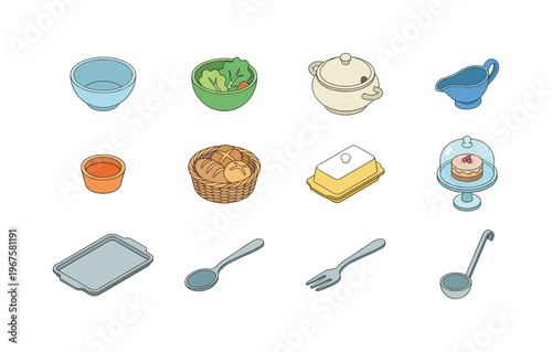 Serving dishes and items including serving bowl, salad bowl, soup tureen, gravy boat, sauce dish, bread basket, butter dish, cake