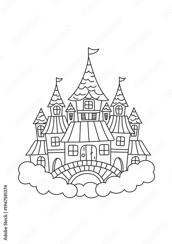 Fototapeta premium Cute fairytale castle in clouds outline – simple fantasy coloring page for kids 