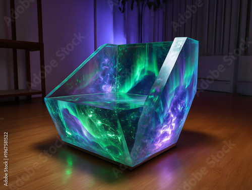 Futuristic glowing chair with northern lights effect in modern living room