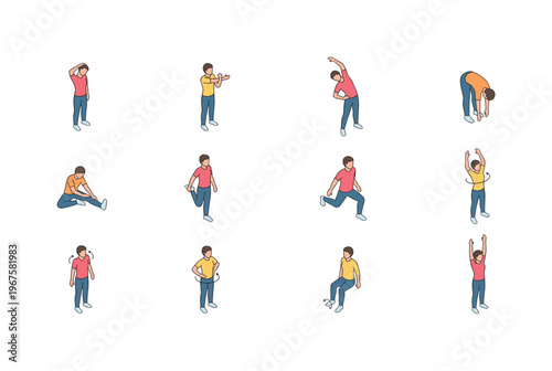 Stretching and warm up movements including neck stretch, arm stretch, side bend, forward bend, leg stretch, quad stretch, calf