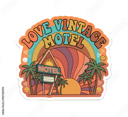 Playful 70s style sticker with LOVE SAN DIEGO in chunky decorative lettering, integrated with surfboards, beach volleyball, and