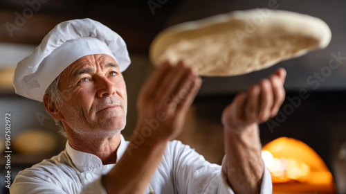 Master pizza chef perfecting dough tossing technique in rustic italian kitchen setting