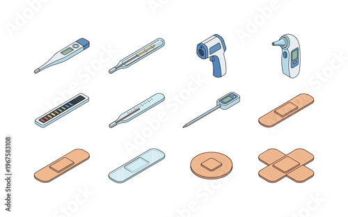 Thermometers and adhesive bandages including digital thermometer, mercury thermometer, infrared thermometer, ear thermometer,