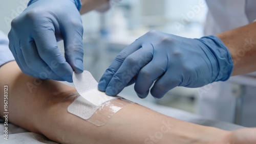 Medical professional applies a bandage to a patients arm after treatment in a clinical setting during the daytime