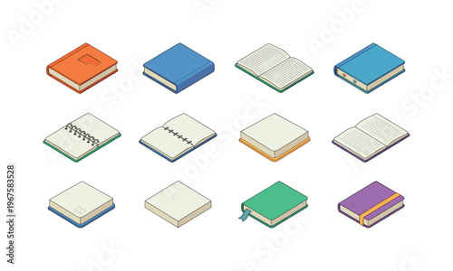 Collection of isometric notebooks and journals in various colors and styles
