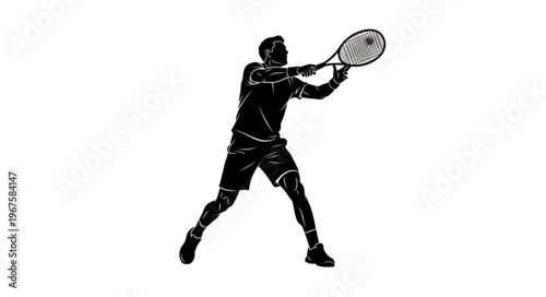 Tennis Player Silhouette Swinging Racket During Match.