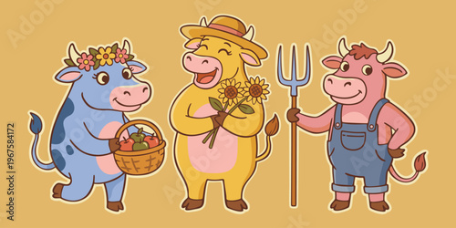 Cute cartoon cows. Cow in floral wreath with basket of fresh apples, laughing cow in hat with sunflowers, farmer cow holding pitchfork. Vector set of stickers