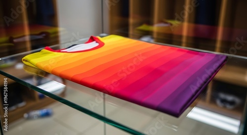Video Mockup A folded colorful shirt displayed on a glass shelf.