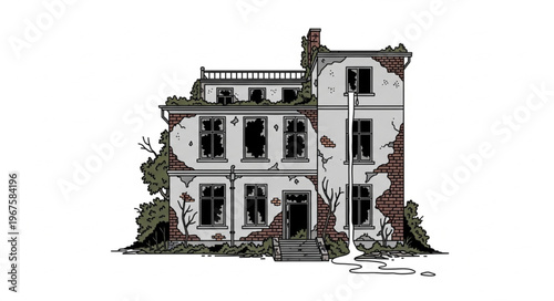 Dilapidated old house with broken windows and overgrown plants.