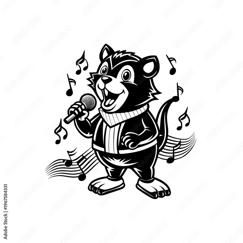 Naklejka premium A cartoon black cat character singing into a microphone with musical notes surrounding it.