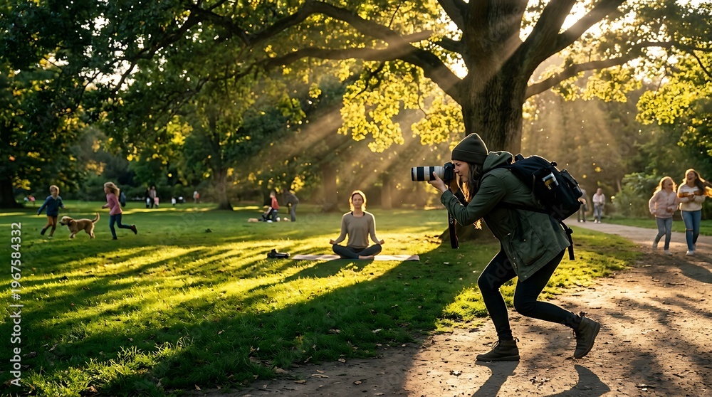 Fototapeta premium Video Mockup A photographer capturing a sunny day in the park.