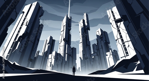Lone figure stands in futuristic dystopian cityscape.