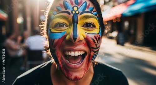 Video Mockup A person with painted face smiling.