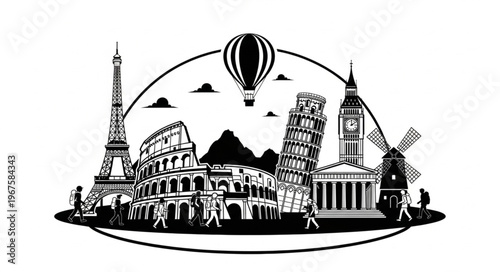 Famous European Landmarks and Hot Air Balloon Illustration.