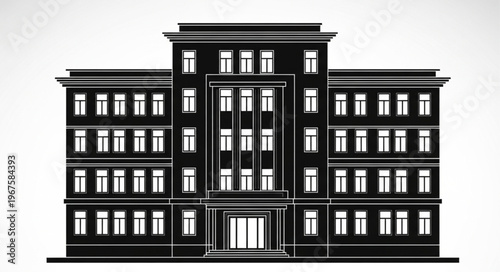 Classic Building Facade Silhouette Black and White.