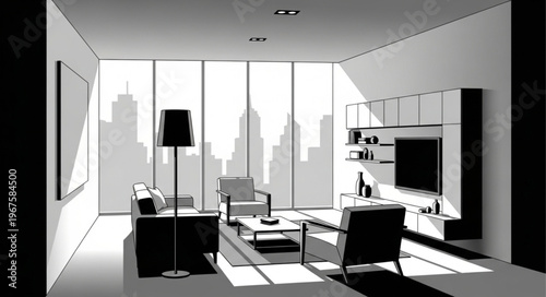 Modern Living Room with Cityscape View and Natural Light.