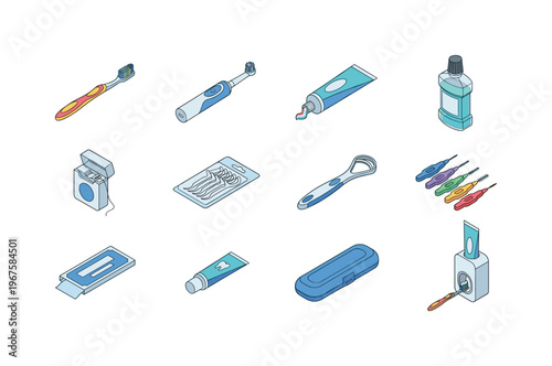 Collection of isometric dental hygiene products for a healthy smile